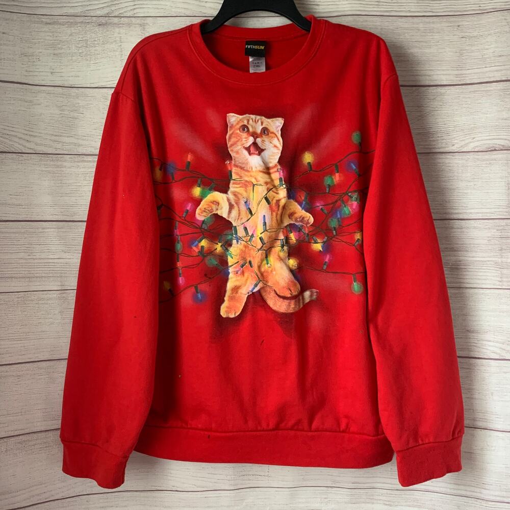 Fifth Sun Red Christmas Cat Sweatshirt Tabby Kitten Ugly Christmas Size 2XL